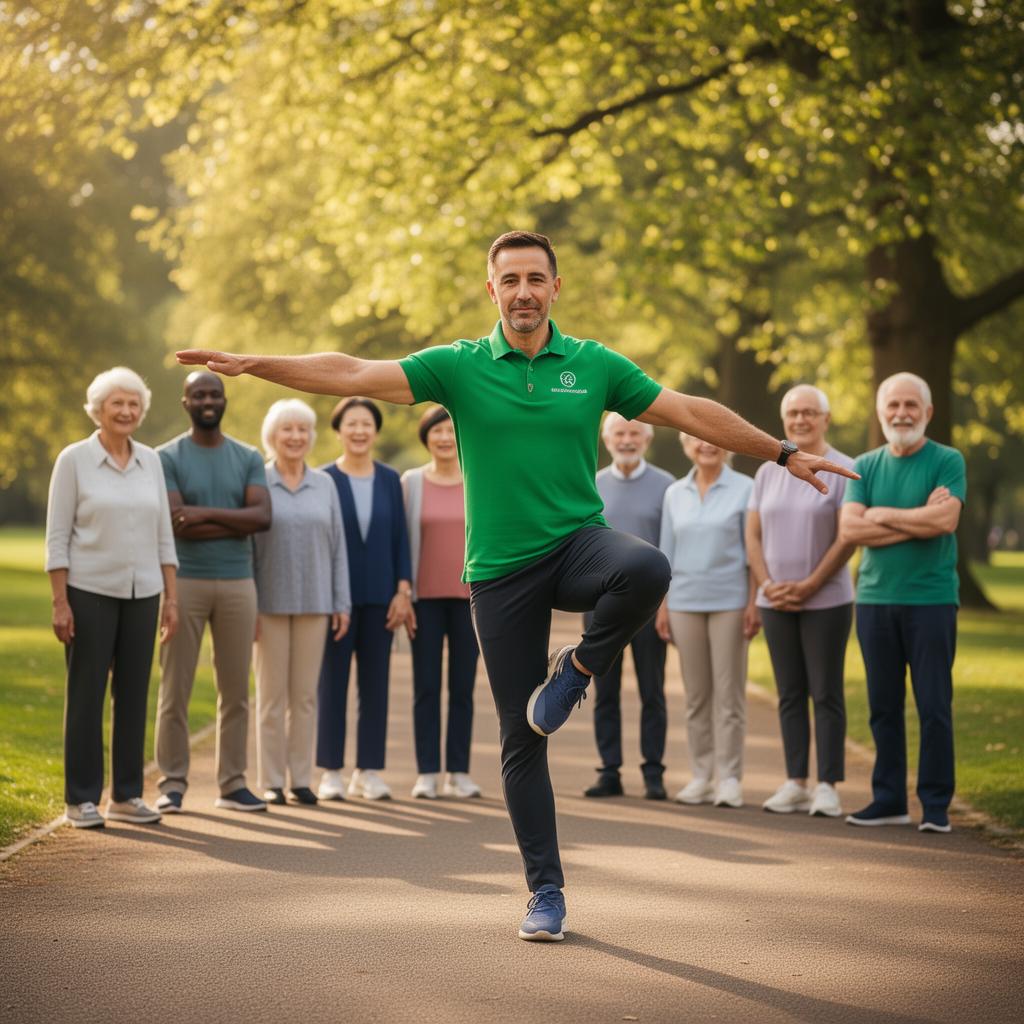 Active seniors walking together with a clinical instructor in a sunny British park